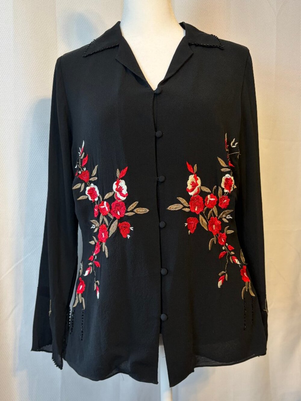 Vintage Laura Ashley Black Embroidered Silk Button-Up Blouse